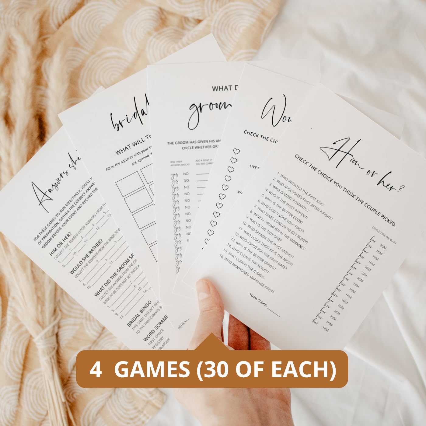 Bridal Shower Games - Set Of 4 Bridal Shower Games For 30 Guests, Double-Sided Thick Cards, Minimalist (30 Pack)